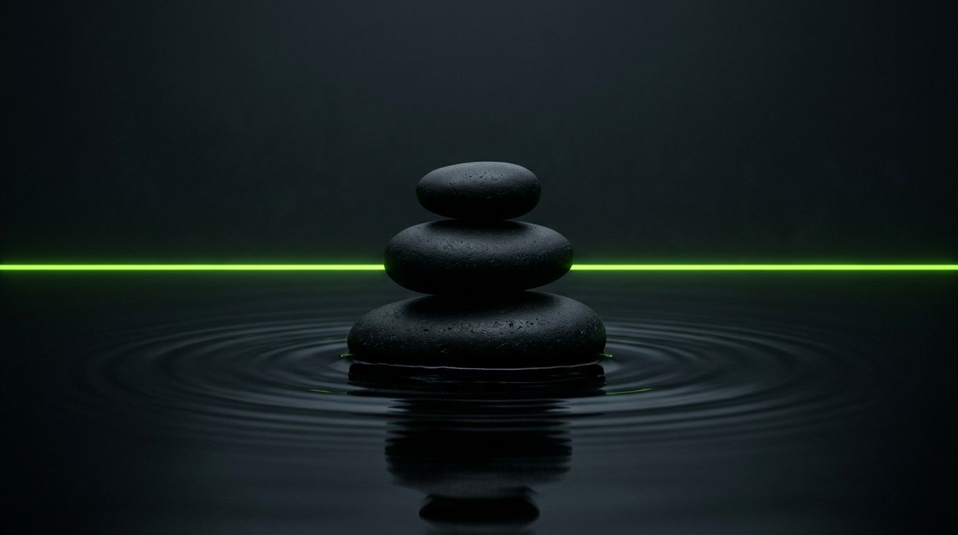 Stacked dark obsidian river stones in serene zen balance over calm water with a glowing lime horizon line
