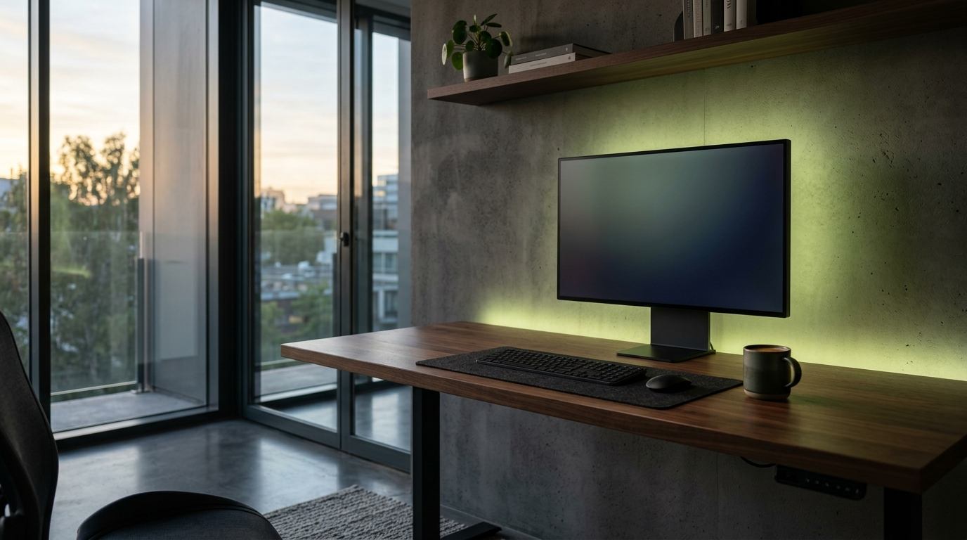 Clean, minimalist executive workspace in morning light with a sleek display softly glowing with ambient lime backlight