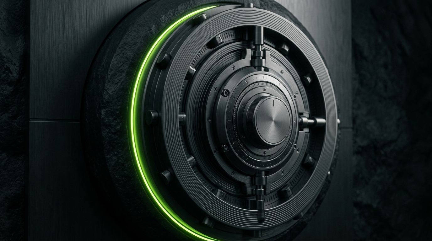 Heavy circular brushed gunmetal vault mechanism with a razor-thin neon lime seam of light