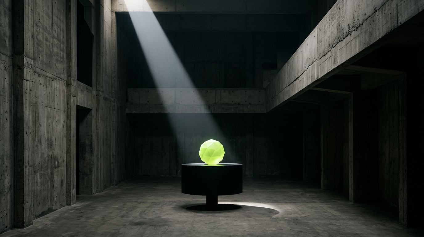 Dramatic Brutalist concrete hall with a diagonal beam of light illuminating a glowing geometric sphere