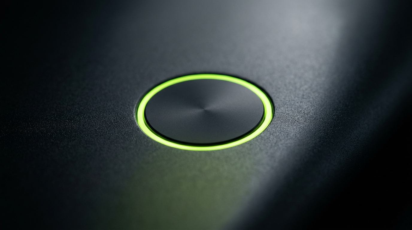 Extreme macro close-up of a precision circular pushbutton switch with a glowing neon lime halo ring