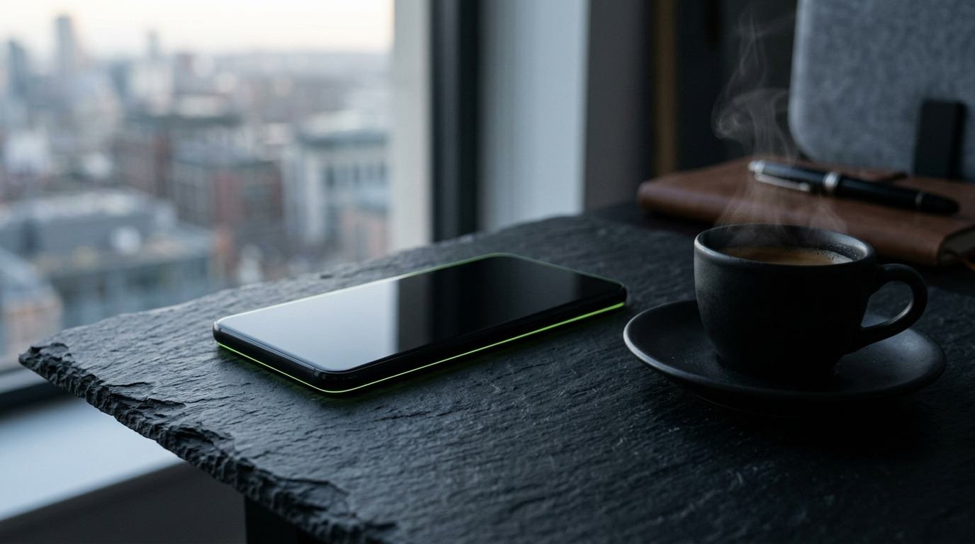 Sleek dark glass smartphone on an executive slate desk with morning espresso in dawn light