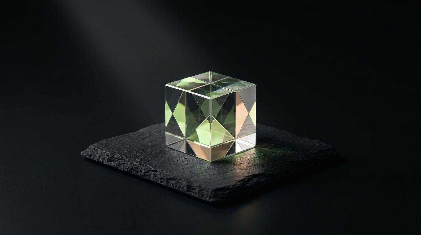 Minimalist geometric glass prism refracting subtle light on a dark slate block