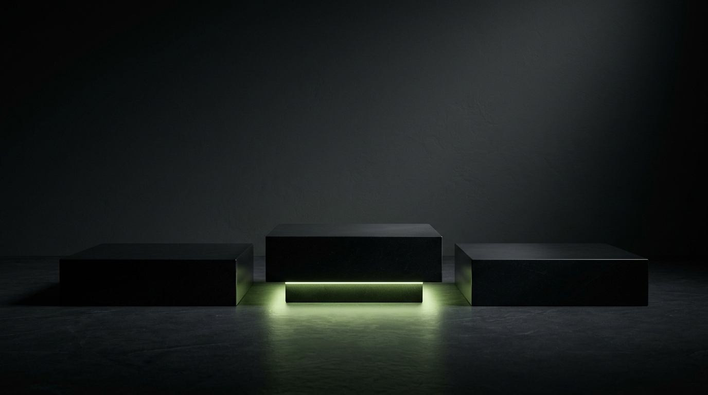 Three sleek obsidian black pedestals with the center pedestal softly illuminated with a lime glow