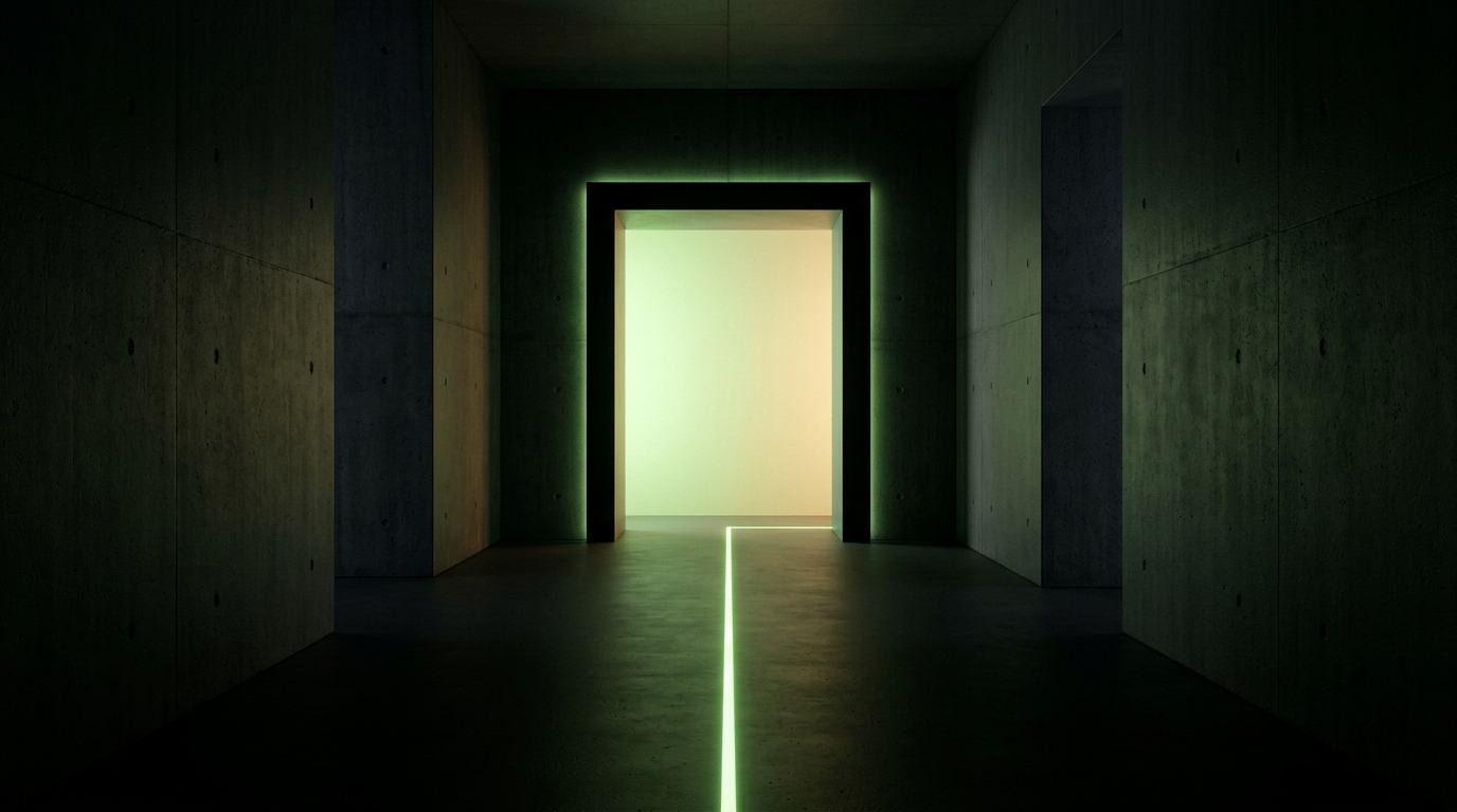 Minimalist dark architectural corridor with a luminous portal doorway guiding forward