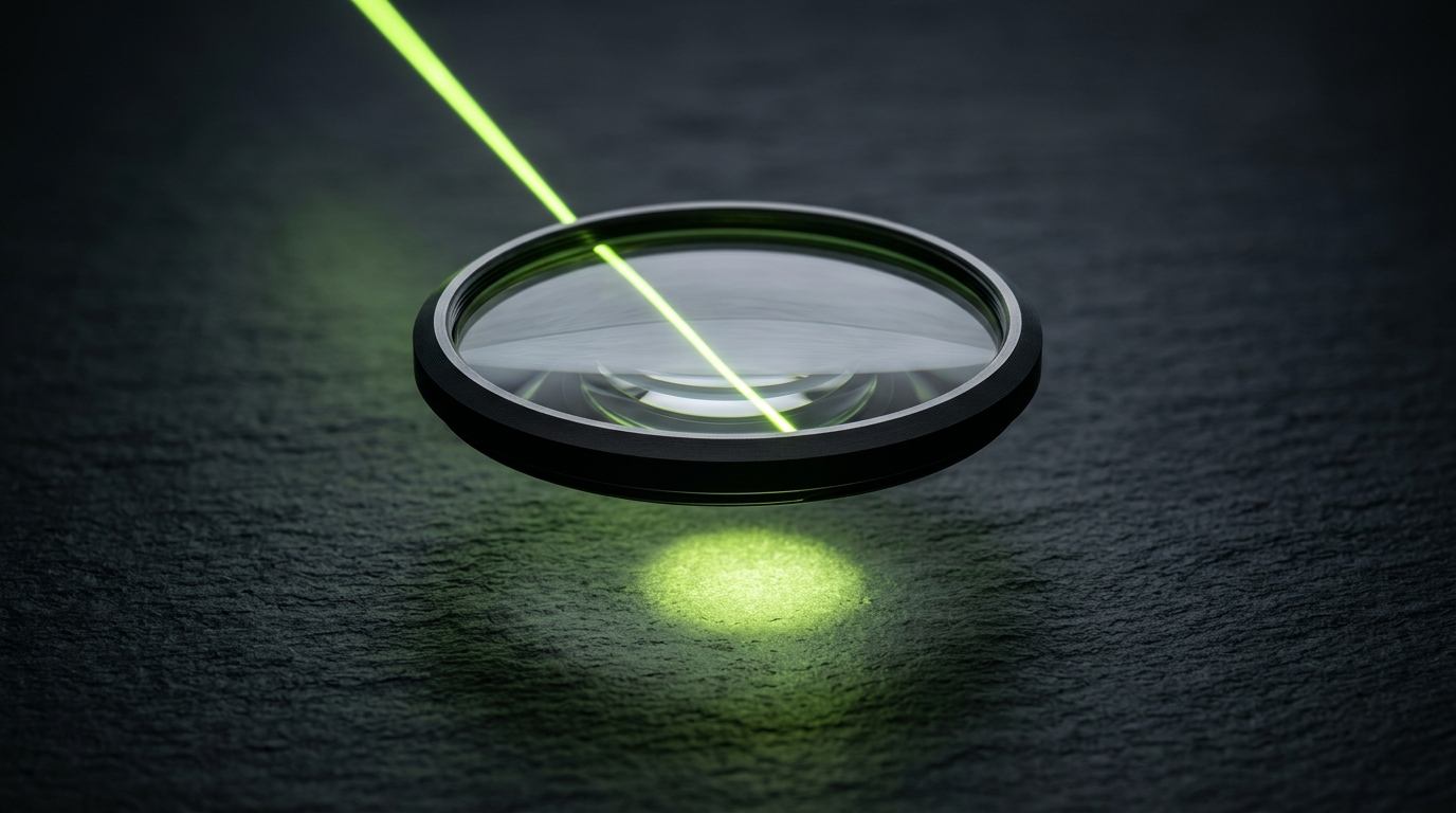 Precision circular optical lens hovering over dark slate with a lime laser beam refracting through